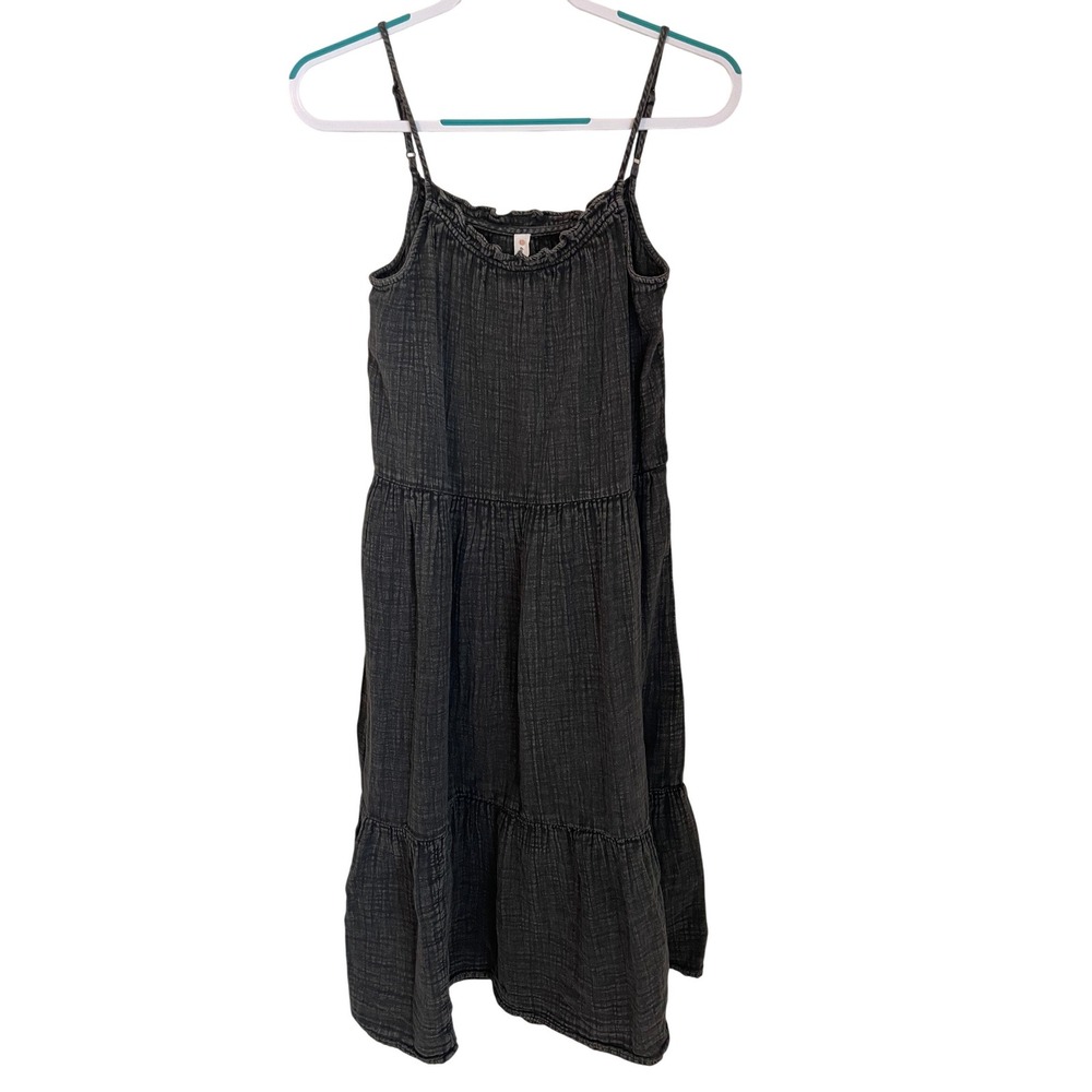 Daily Practice Anthropologie Mineral Wash Black Gauze Tiered Midi Dress Size XS